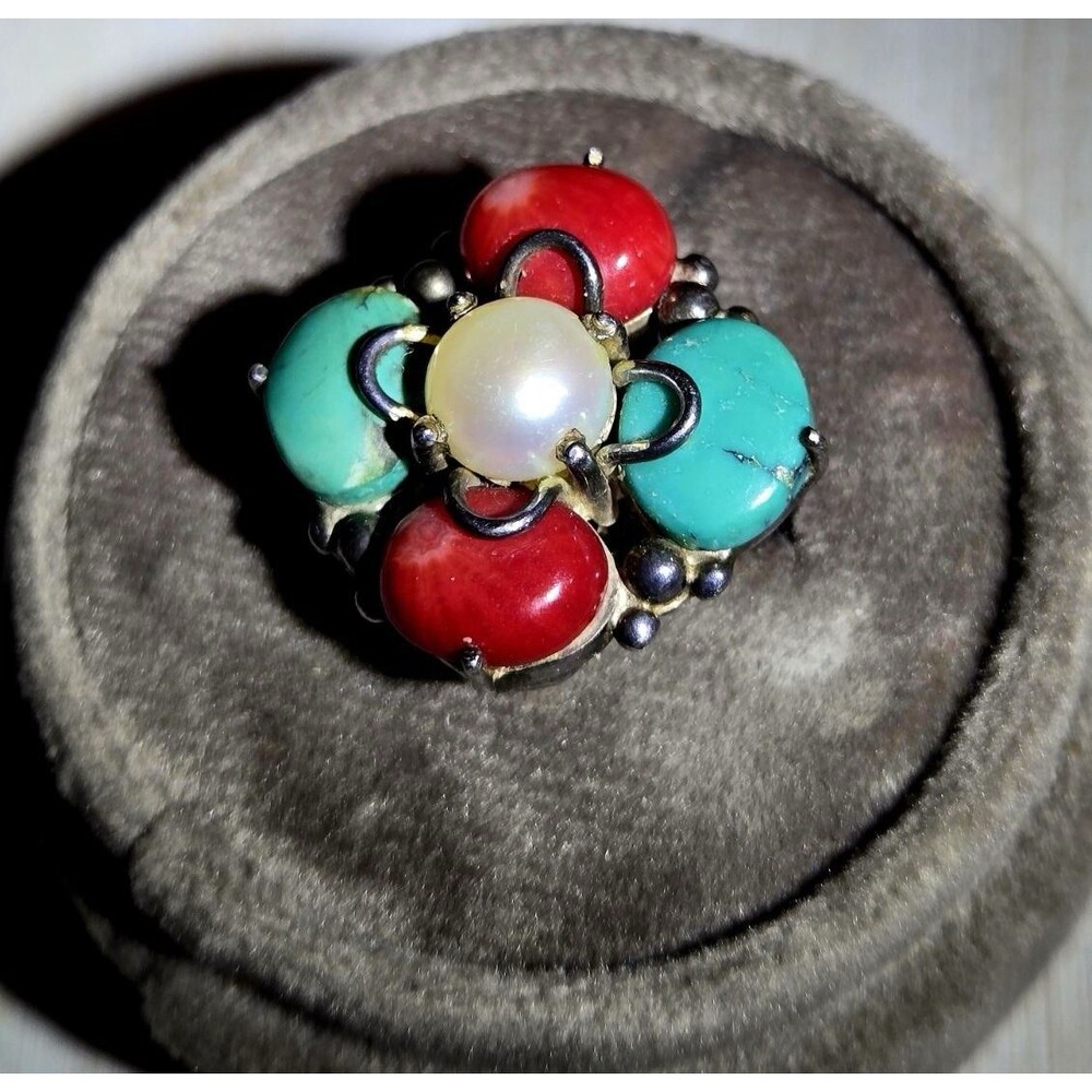 Vintage Selena Jake SJ Navajo Sterling Silver 925 Turquoise Coral MOP Ring Sz 6